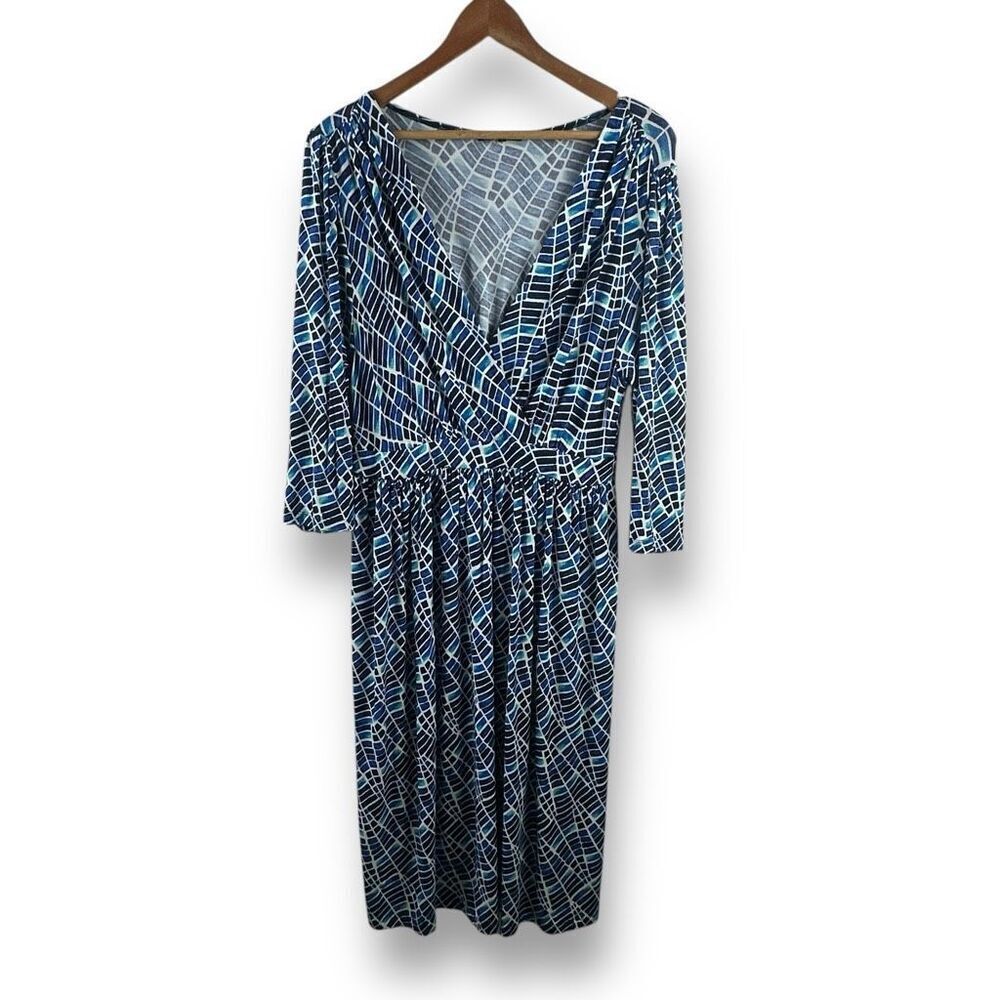 Tart Plus 1X Faux Wrap Sheath Midi Dress Blue Mossaic Tile Print Beachy Stretch